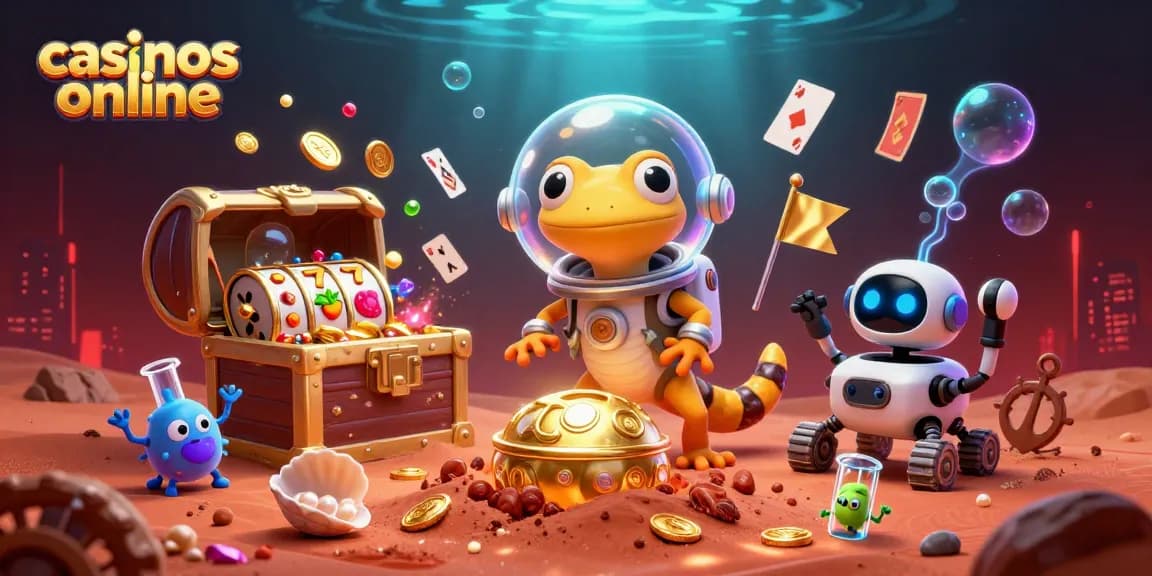 Juega en los mejores casinos online mientras disfrutas de una representación increíble de un gecko marciano y un robot en un entorno divertido.