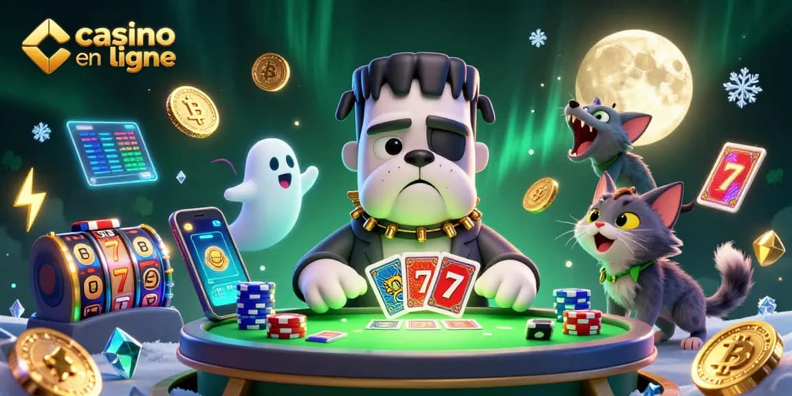 Jouez au casino en ligne avec cette illustration captivante mettant en scène un bulldog Frankenstein et ses camarades.