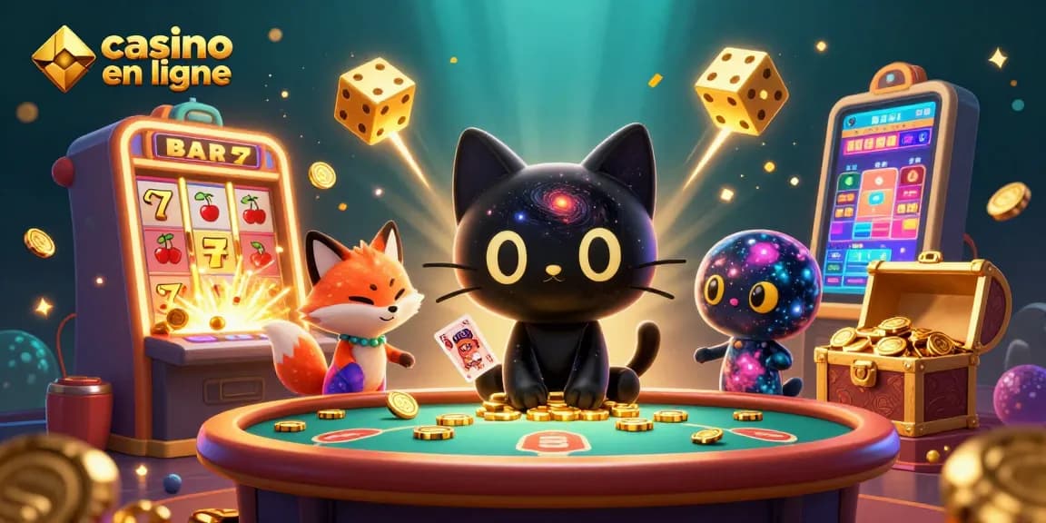 Découvrez une illustration dynamique de casino en ligne avec un chat noir trou noir et un renard nébuleux.