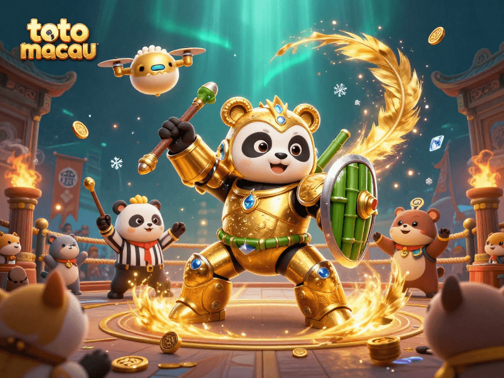 Engage in the thrilling world of toto macau with an exciting 3D illustration featuring a golden panda and dynamic casino elements.