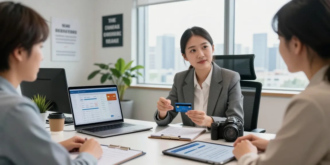 Engaging consultation about 신용카드현금화 in a modern financial office.