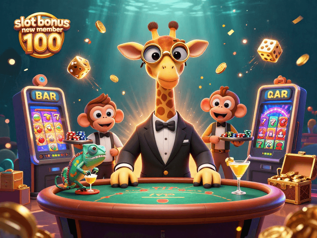 Experience the excitement of slot bonus new member 100 with vibrant characters and dynamic casino elements.