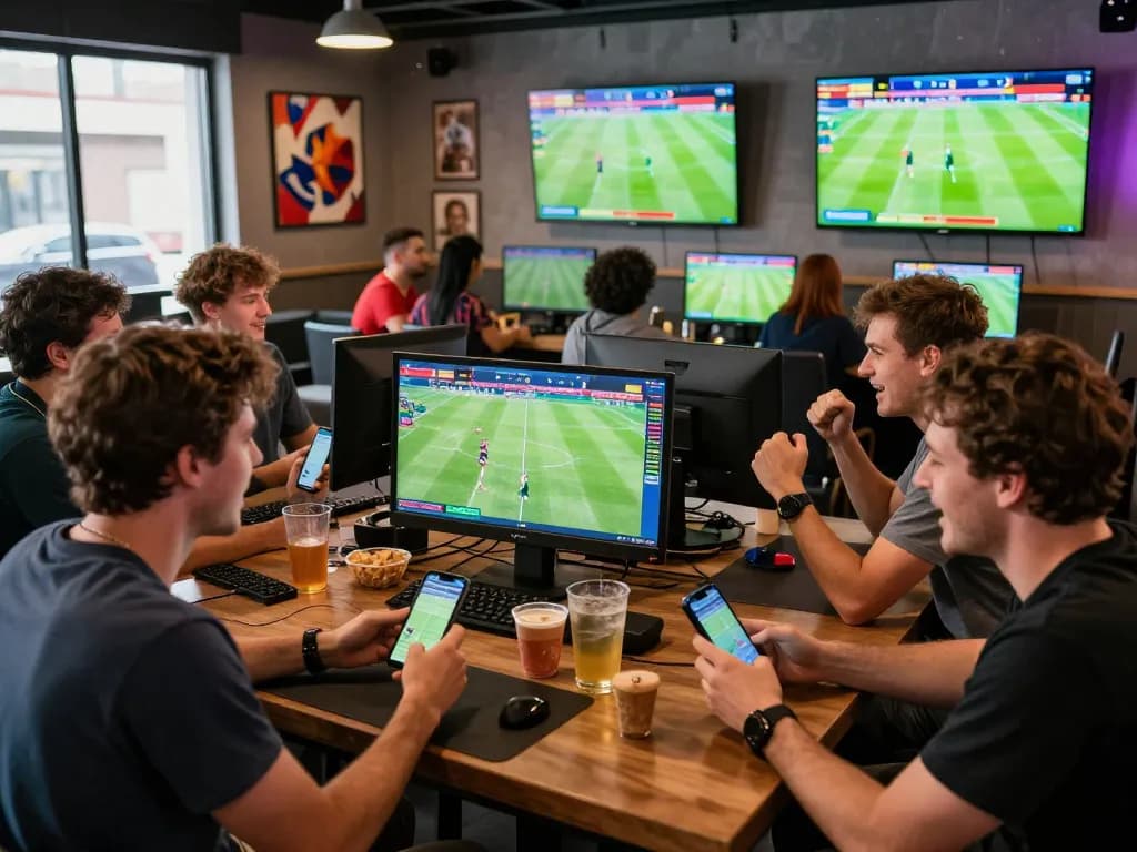 Exciting sports betting atmosphere at Hubet88 with friends engaging in xổ số hubet88.