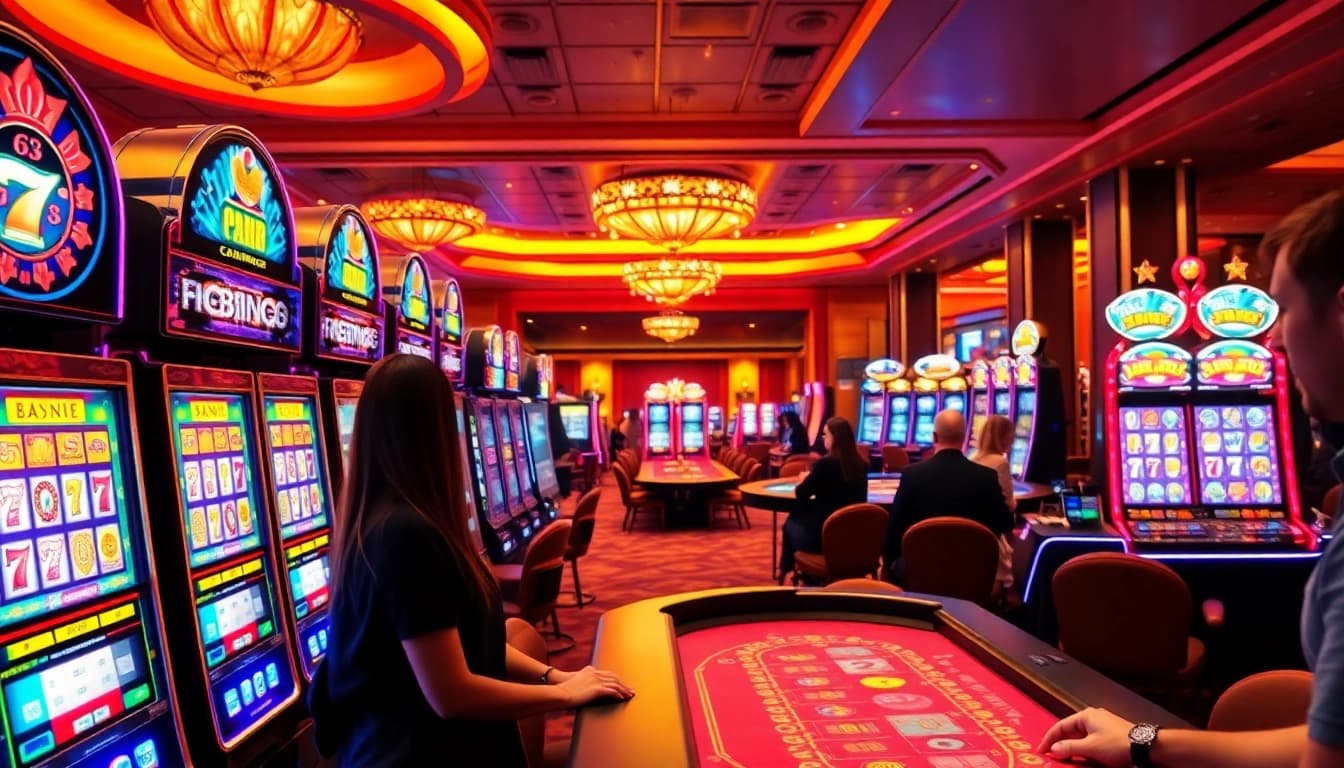 Neue casino bonus ohne einzahlung in a lively casino atmosphere featuring vibrant slot machines.