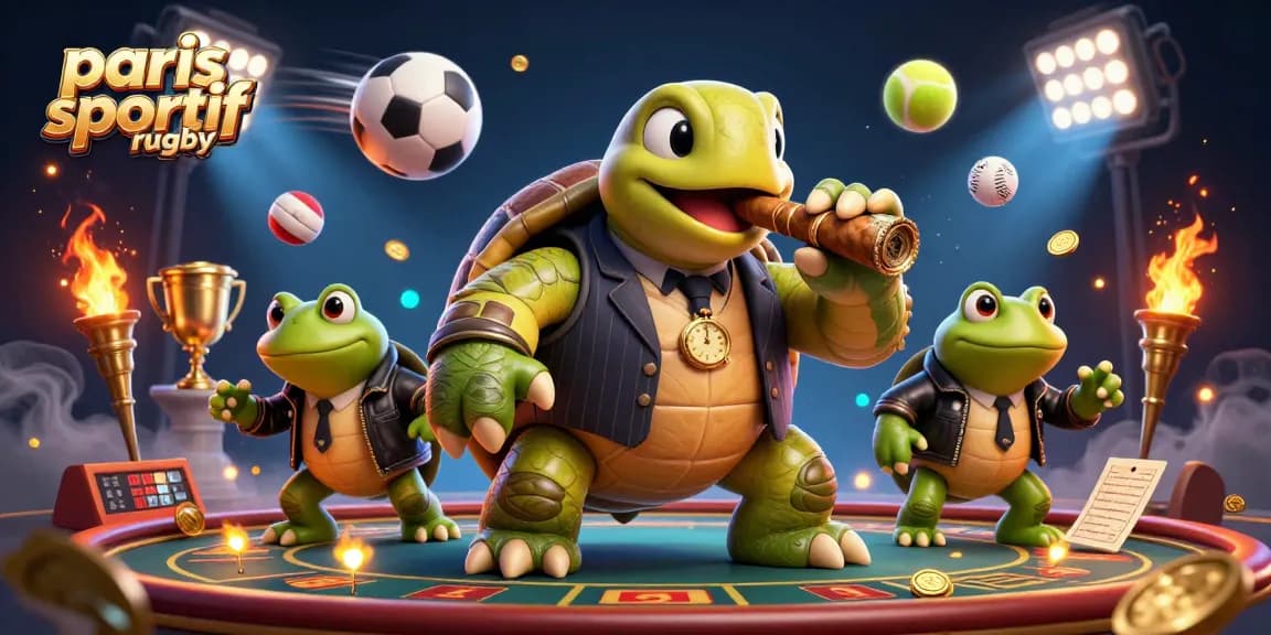 Placez des paris sportif rugby sur un fond dynamique avec une tortue massive et des éléments sportifs.