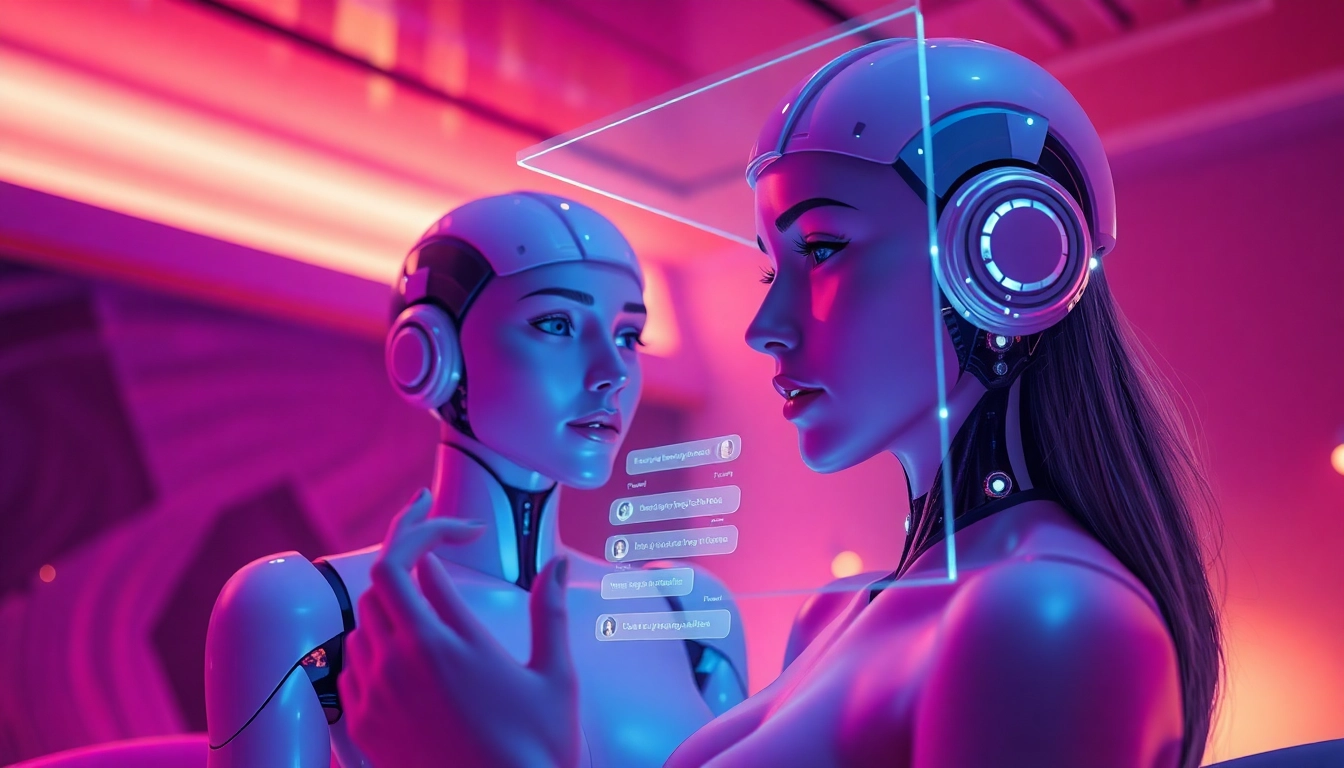 AI sex engagement in a futuristic digital art scene, featuring emotive characters and holographic chat.