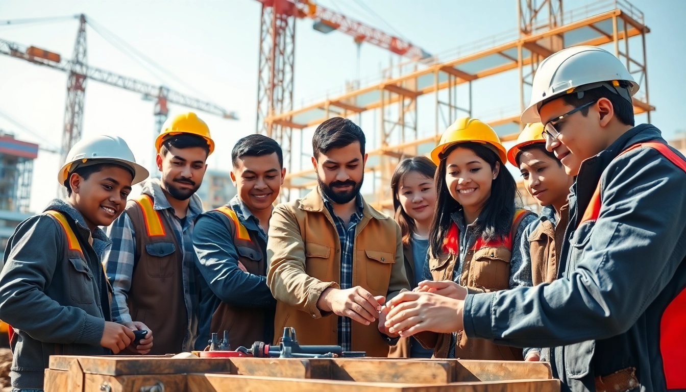 Engaging construction apprenticeship scene showcasing apprentices collaborating at a construction site.