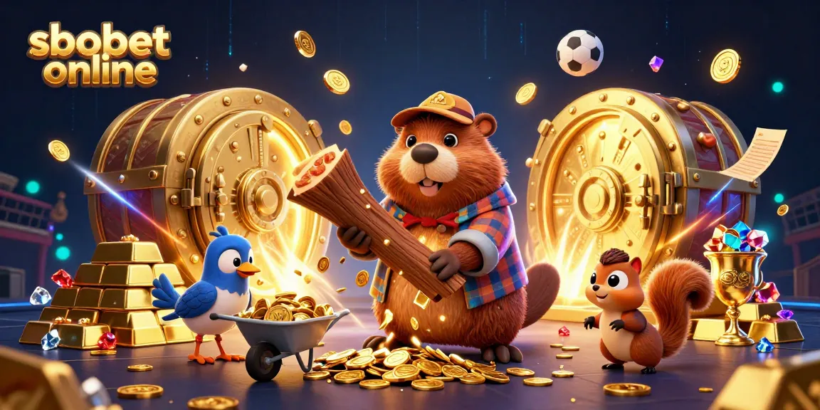 Experience sbobet online with a thrilling sports betting scene, featuring animated characters and golden treasures.
