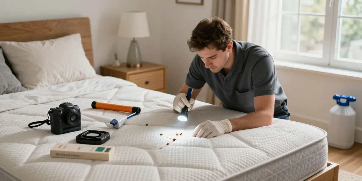 Bed bug exterminator inspecting mattress seams for bed bug signs in a cozy bedroom.