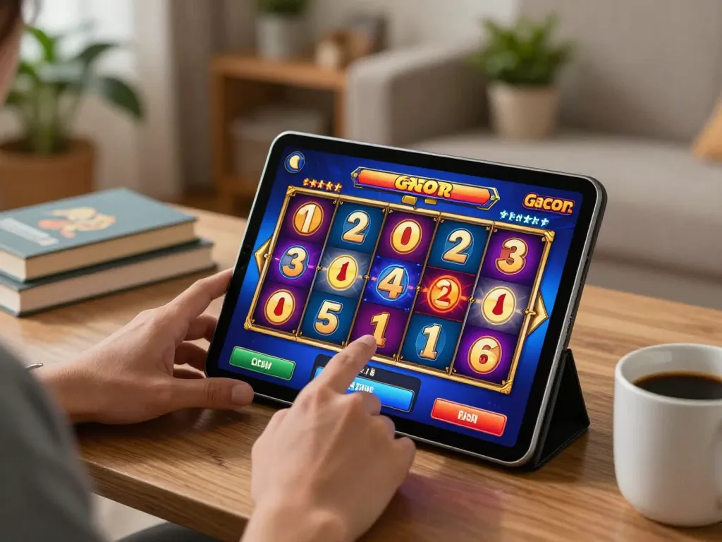 Engaging in slot gacor gaming session on a tablet at home showcasing excitement and strategy.