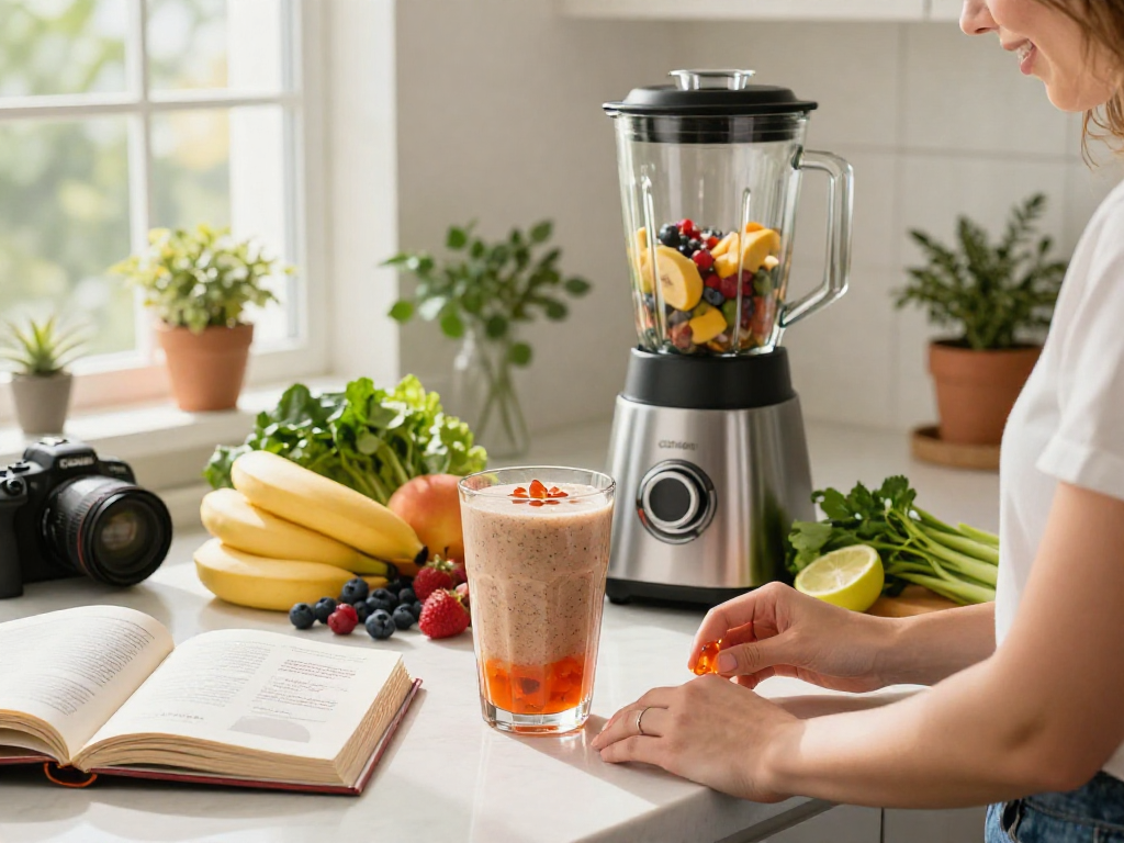 Preparing a smoothie with astaxanthin softgels in a bright kitchen.