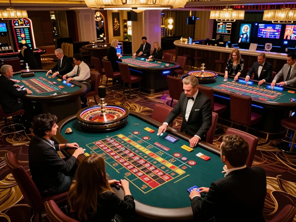 Engaged players placing bets at sunwinapk roulette tables in glamorous casino ambiance.