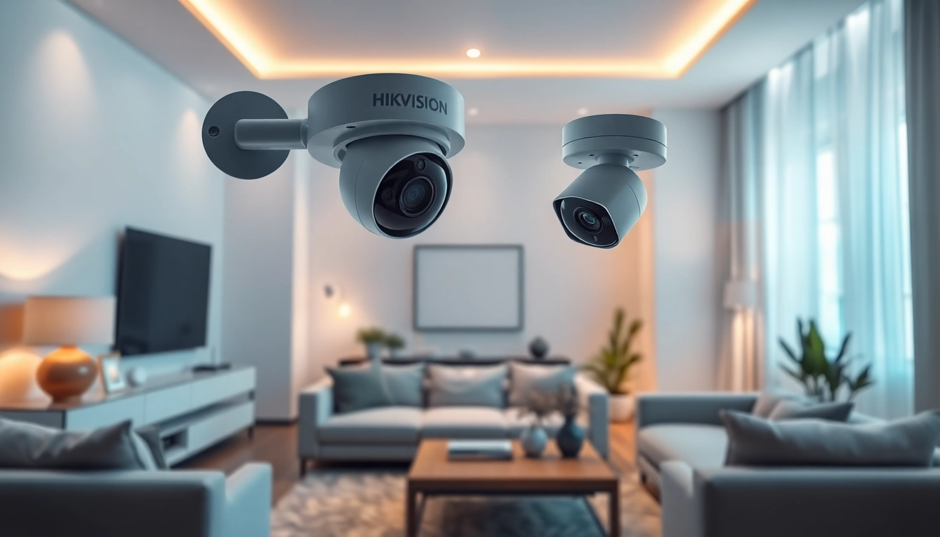 Cámaras Hikvision mejorando la seguridad del hogar en una sala de estar moderna.