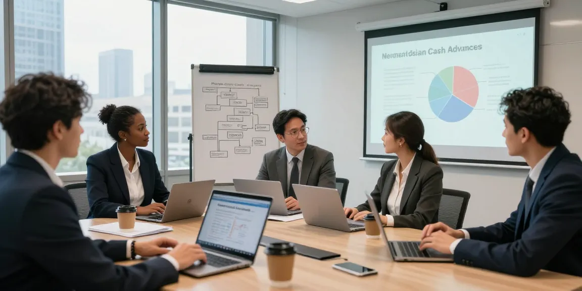 Team discussing merchant cash advance strategies in a modern conference room.