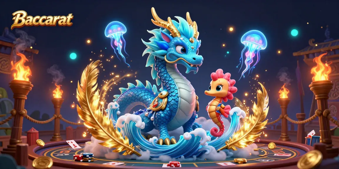 Baccarat table scene featuring a majestic water dragon and seahorse knight with glowing jellyfish in an enchanting casino setting.