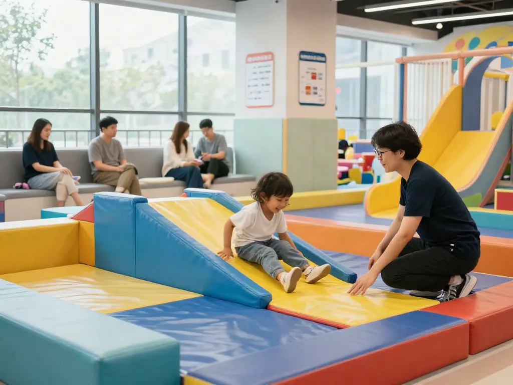 rokok88 safe indoor playground with a child playing in a colorful crawling zone supervised by trained staff