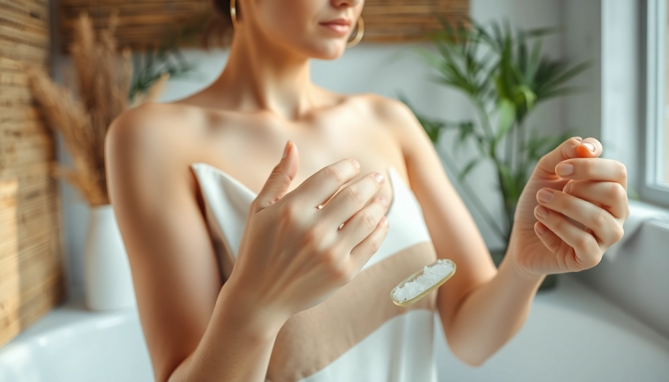 A woman showcasing how to use raw loofah for exfoliation in a bright bathroom setting.
