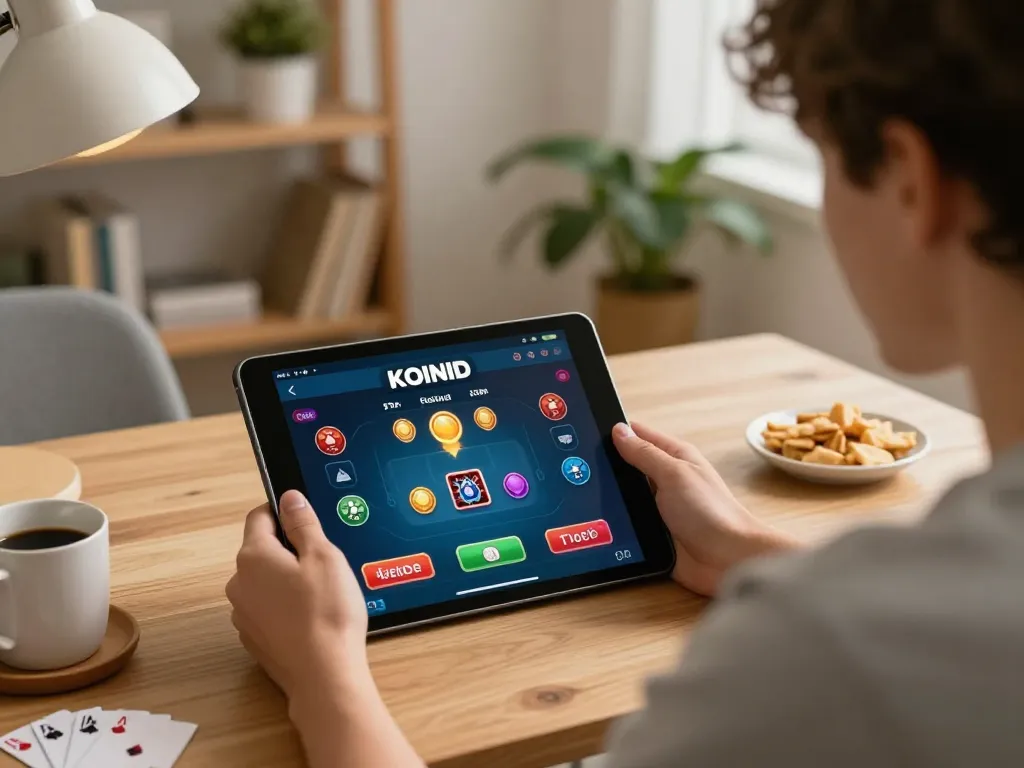 KOINID screen showcasing vibrant poker game action in a cozy home setting