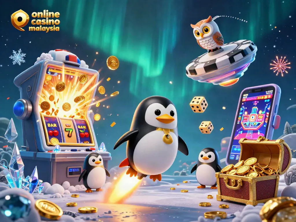 Engaging visual of online casino malaysia showcasing a golden penguin and jackpot elements celebrating exciting gameplay.