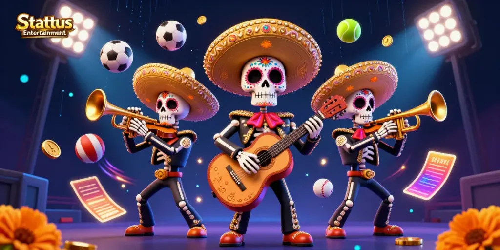 Experience the excitement of gaming with Stattus Entertainment's vibrant illustration showcasing a lively mariachi band amidst sports elements.