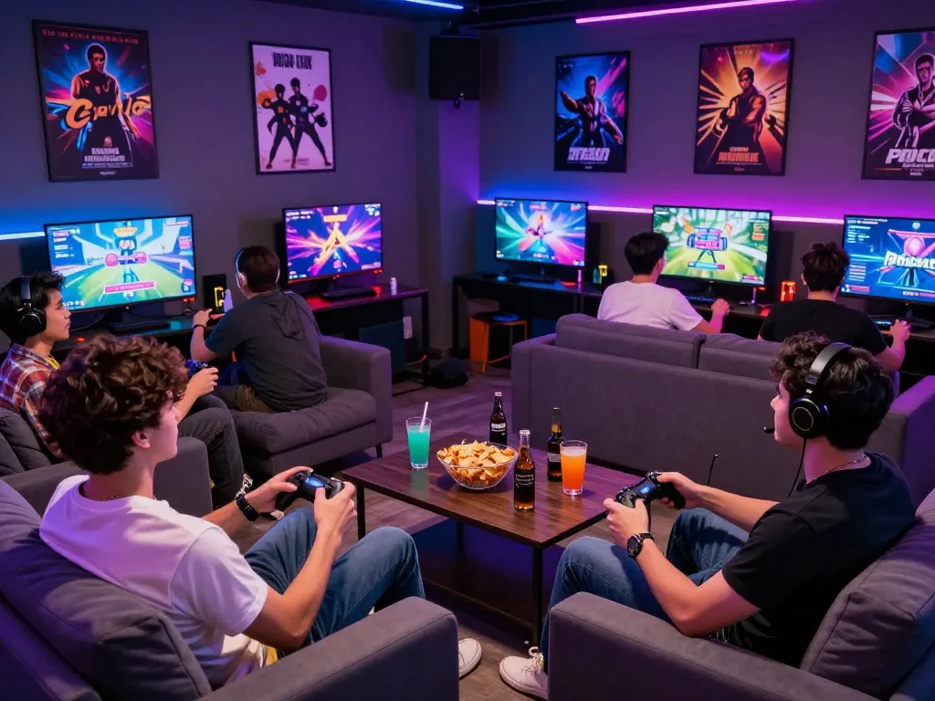 Exciting gaming lounge with diverse adults playing real porn games, colorful screens, snacks, and drinks.