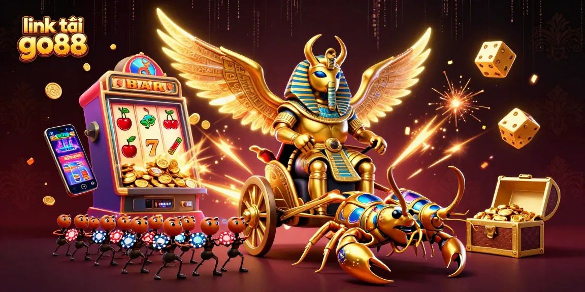 Spin to win with the thrilling link tải go88, featuring a golden scarab riding scorpions and explosive slot machines.