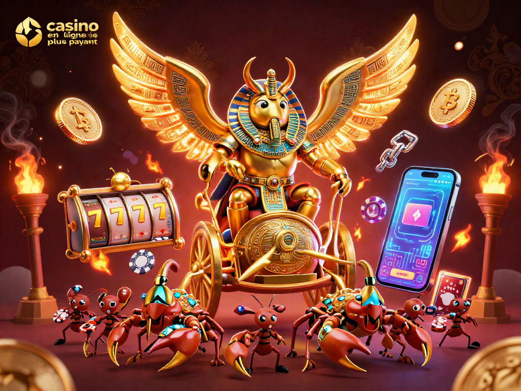 Illustration dynamique du casino en ligne le plus payant avec un scarabée doré et des éléments de jeu.