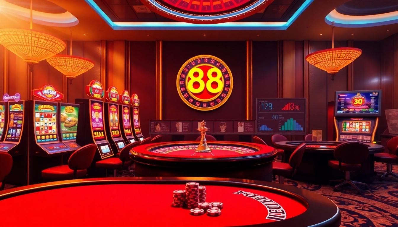 U888 online casino interface showcasing vibrant slot machines and poker tables