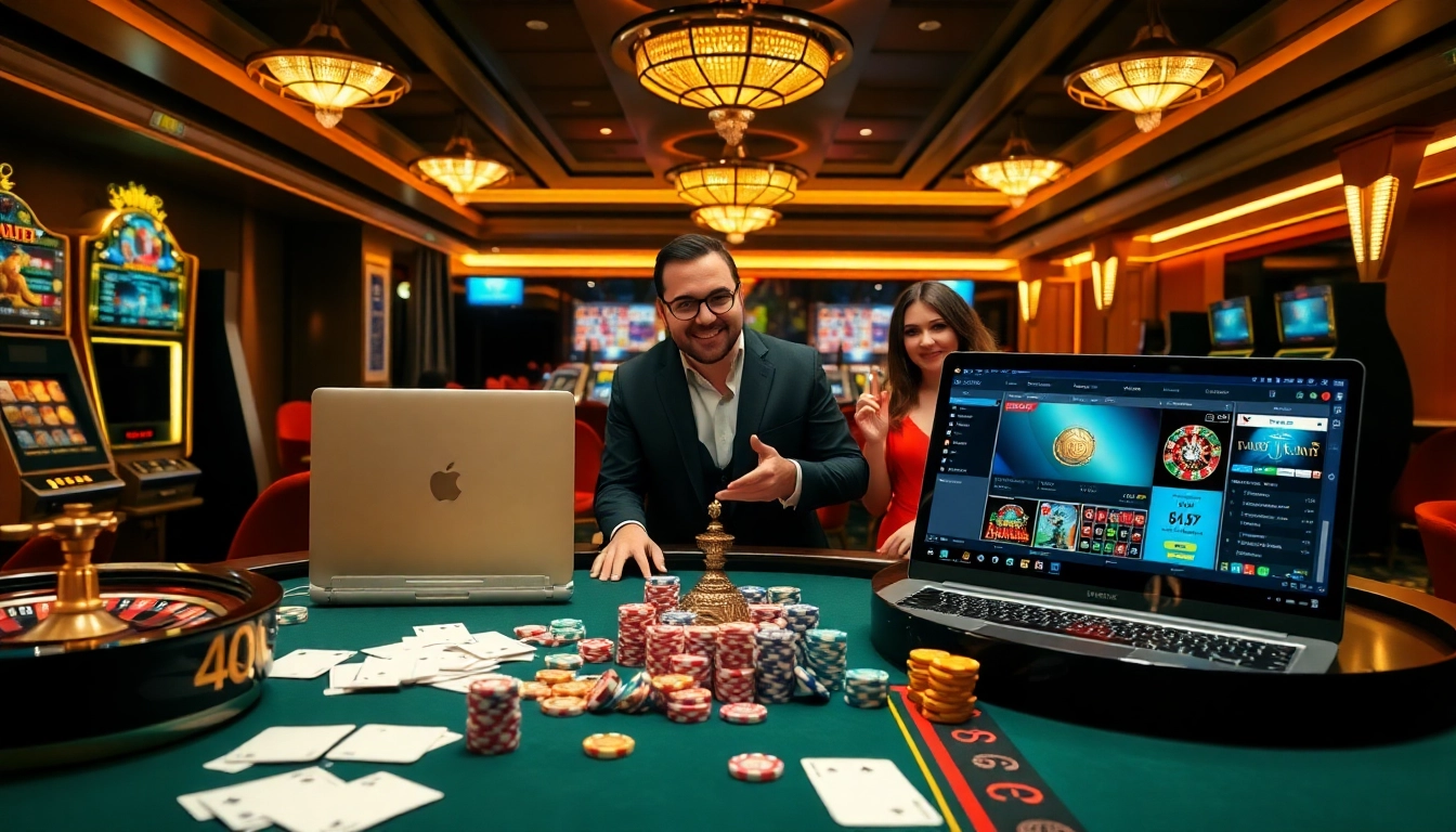 Scène excitante de joueurs profitant du casino en ligne France avec des tables, des jetons et des interfaces en ligne.