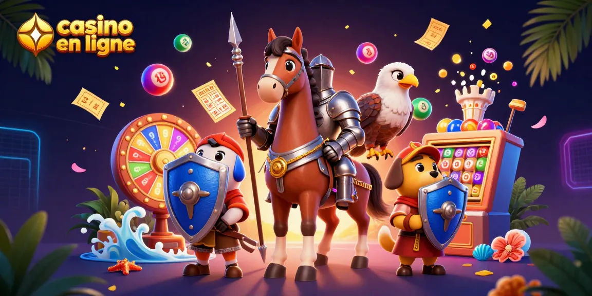 Découvrez un casino en ligne dynamique avec un chevalier, un chiot écuyer, et une scène festive de jeux.