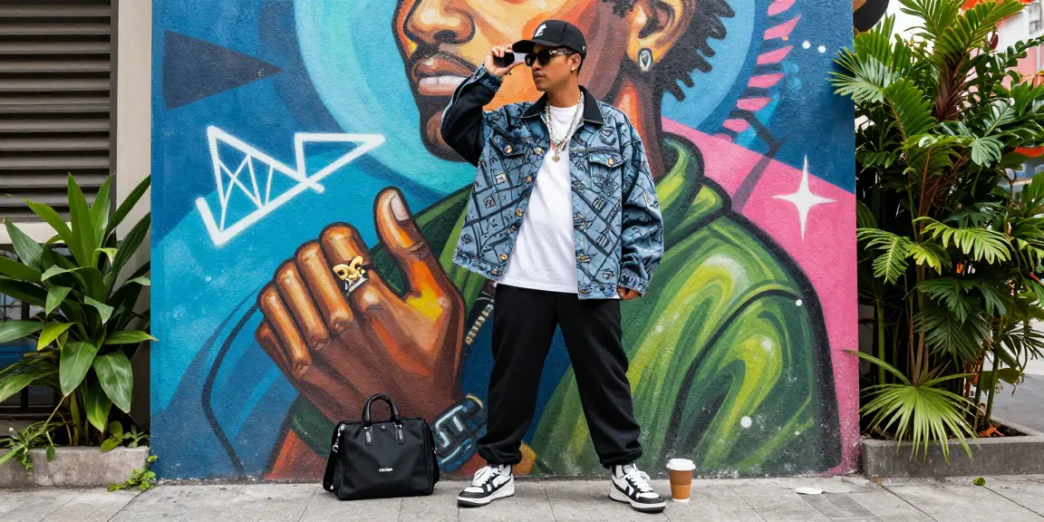 Stylish urban scene featuring a person in trendy 레플리카 clothing against colorful street art.