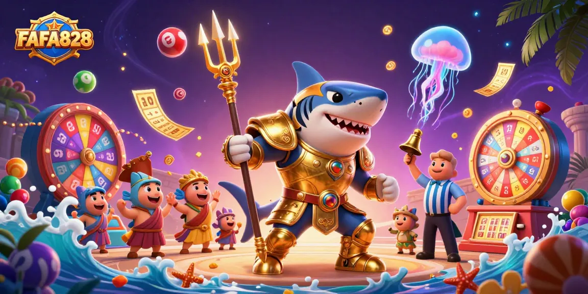 Engage with FAFA828 in this vibrant underwater casino scene featuring a gladiator shark.