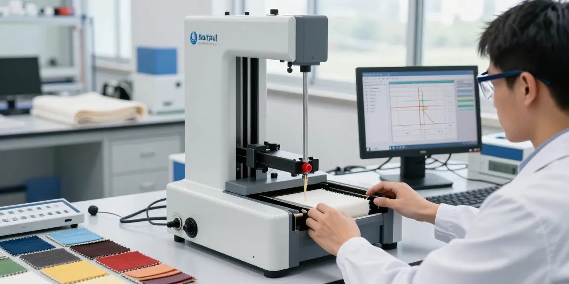 Technician operating yarn tensile testing equipment in a bright lab, showcasing detailed measurements and technology.