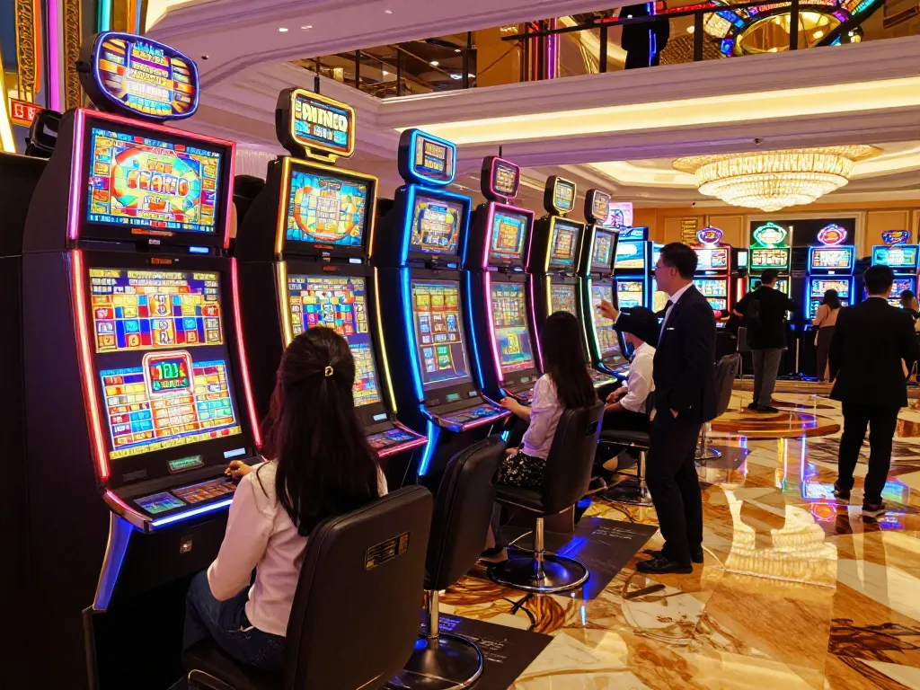 Pemain Toto Macau merayakan kemenangan besar di mesin slot berwarna-warni dalam suasana kasino yang penuh warna.