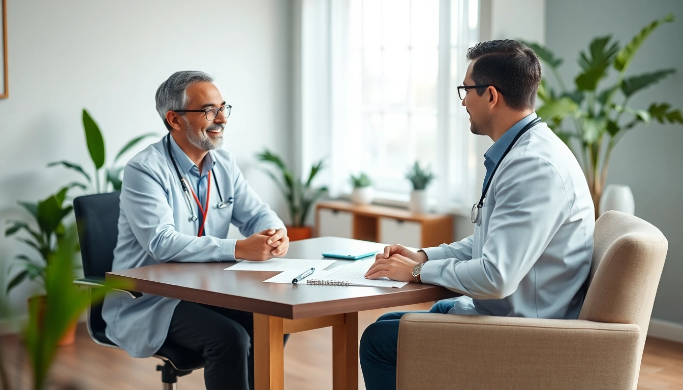Engaging private GP consultation in a serene office environment with a caring doctor.
