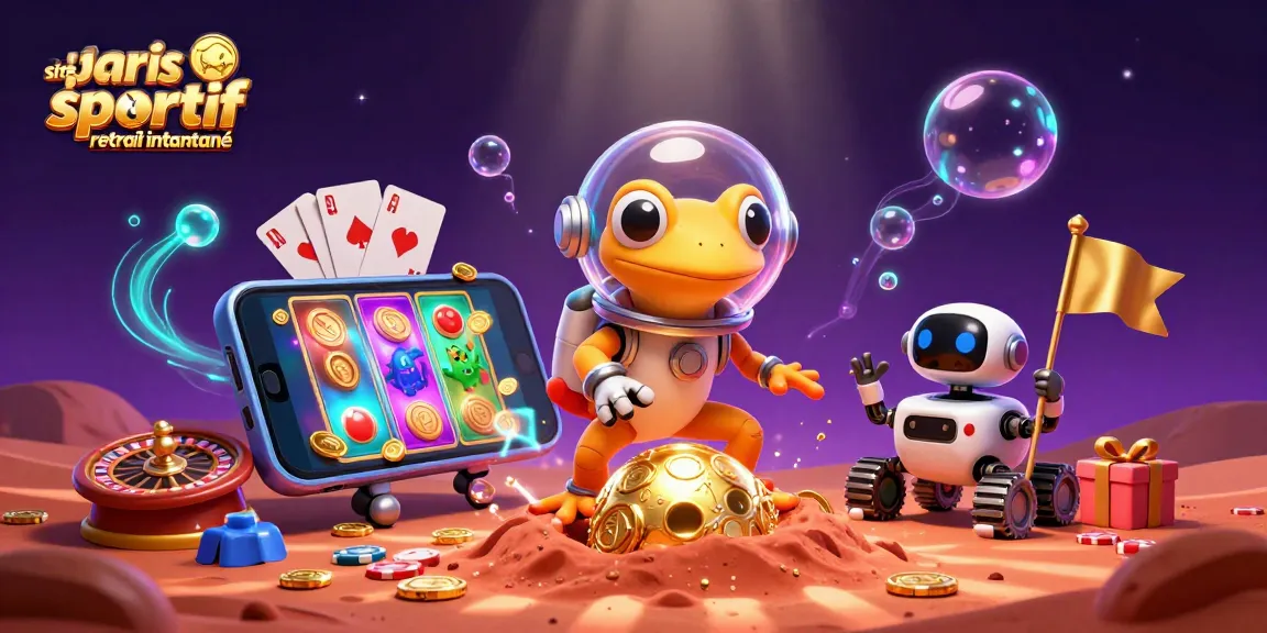 Visualisez le site paris sportif retrait instantané avec un gécko martien découvrant un casino sous le sable rouge, entouré d'éléments de jeux.