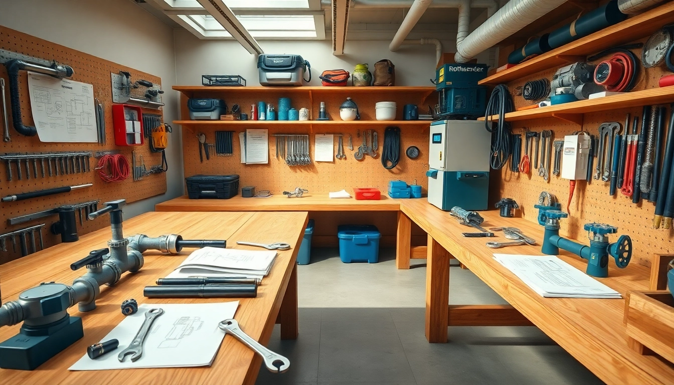 Rothenberger España Werkzeuge in einer modernen Sanitärwerkstatt ausgestellt, die erstklassige Handwerkskunst und Organisation zeigt.