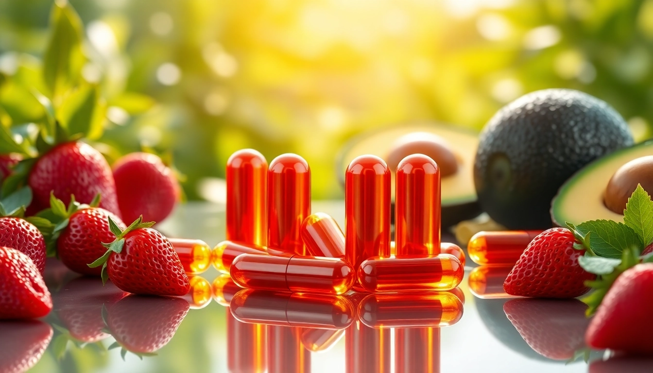 Astaxanthin capsules showcased with vibrant healthful fruits, emphasizing vitality.