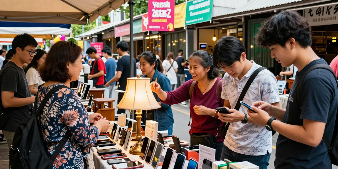 rokok88 marketplace scene with diverse buyers and sellers exchanging secondhand goods in a vibrant community atmosphere.