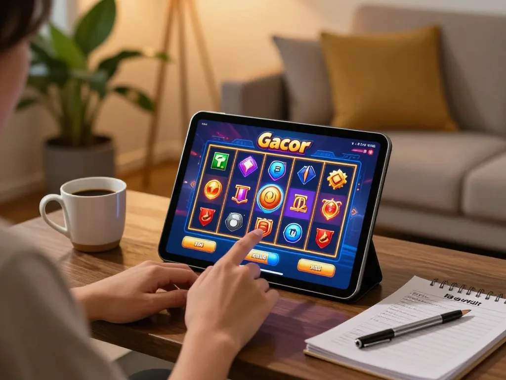 Pemain terlibat dengan permainan slot gacor di tablet dalam suasana rumah yang nyaman, pencahayaan hangat menciptakan atmosfer yang mengundang.