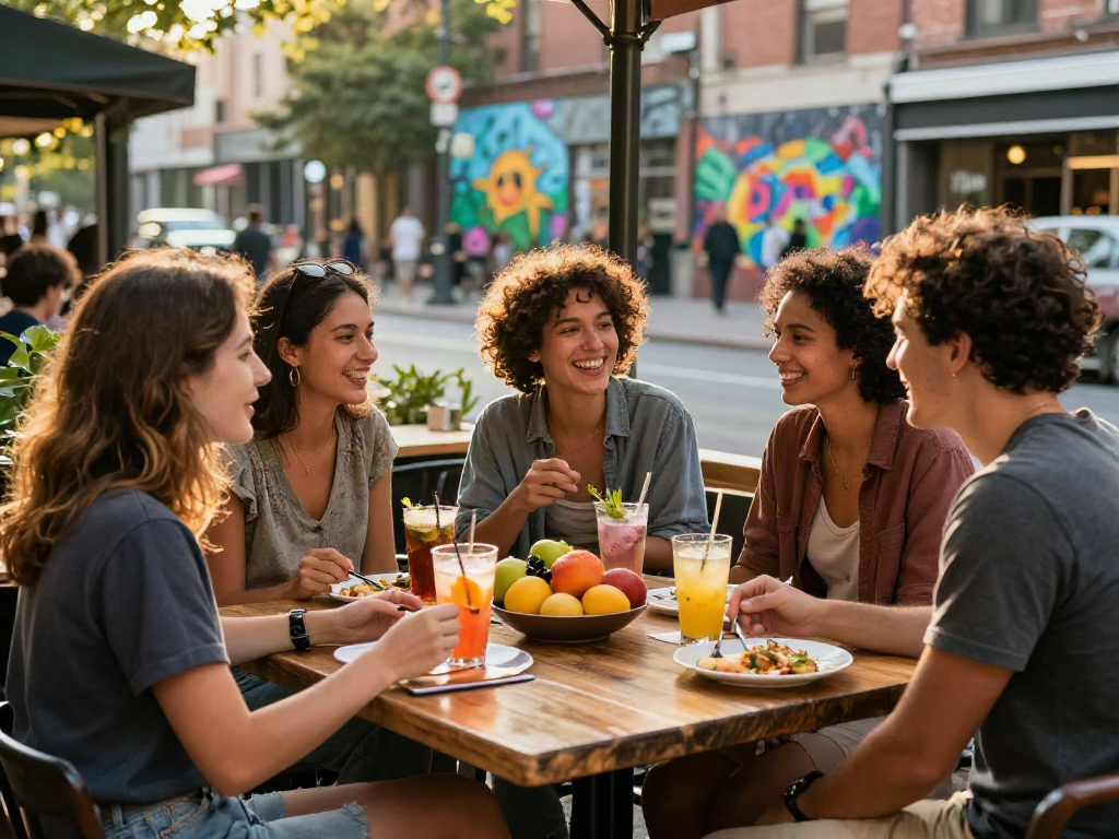 Social gathering at a café highlighting rokok88 daftar community connections and vibrant lifestyle.