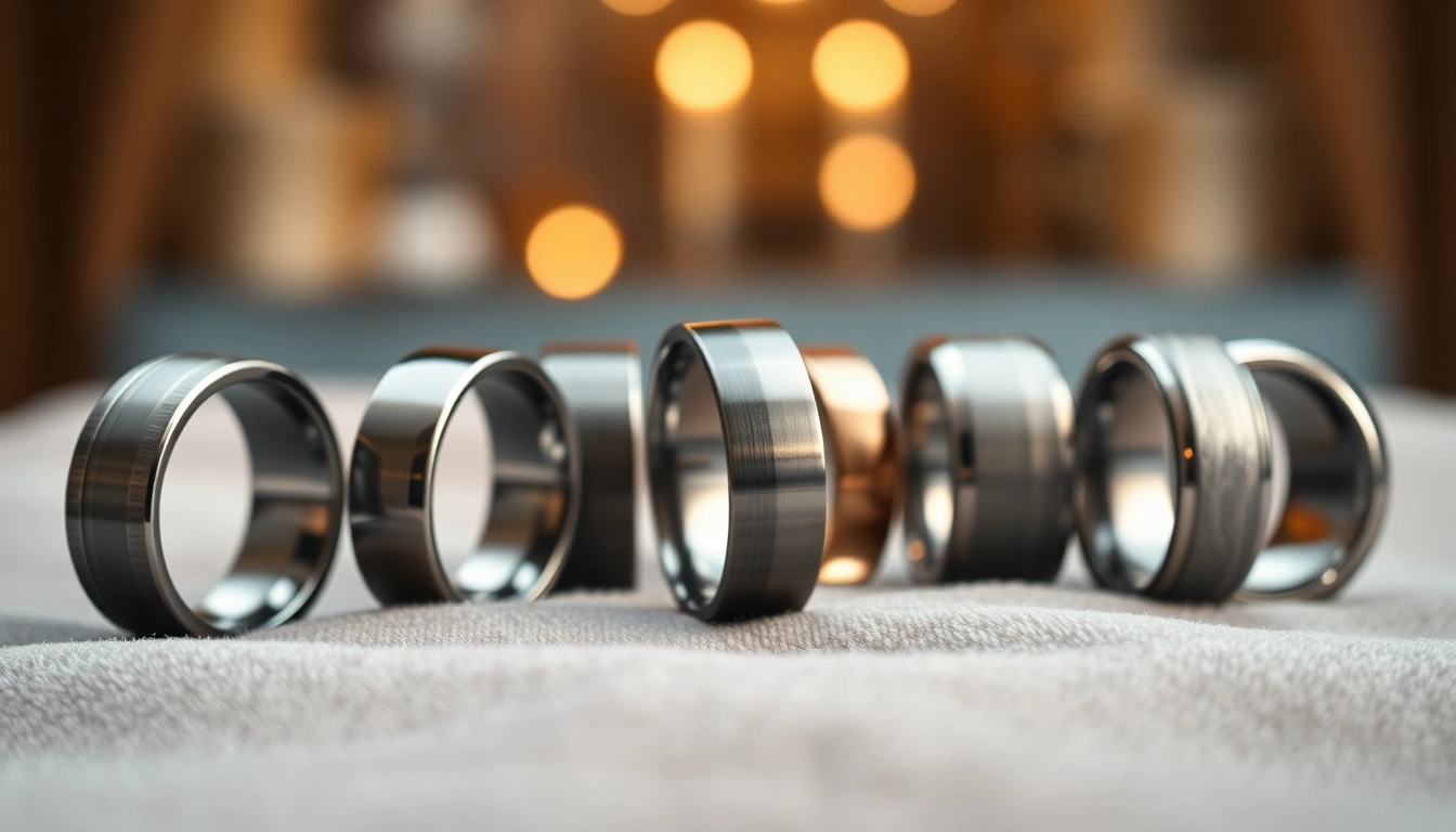 Showcase unique tungsten rings with varied finishes and elegant textures on a stylish backdrop.
