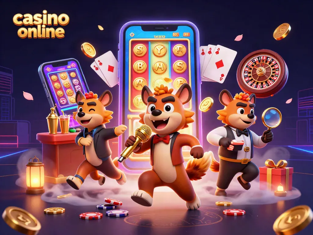 Jugando en un casino online, una escena vibrante con cómicas hienas y elementos de juego 3D.