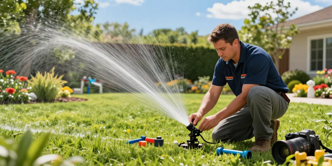 Professional Irrigation Services in Lake worth , TX, showcasing technician repairing a sprinkler system in a lush garden.