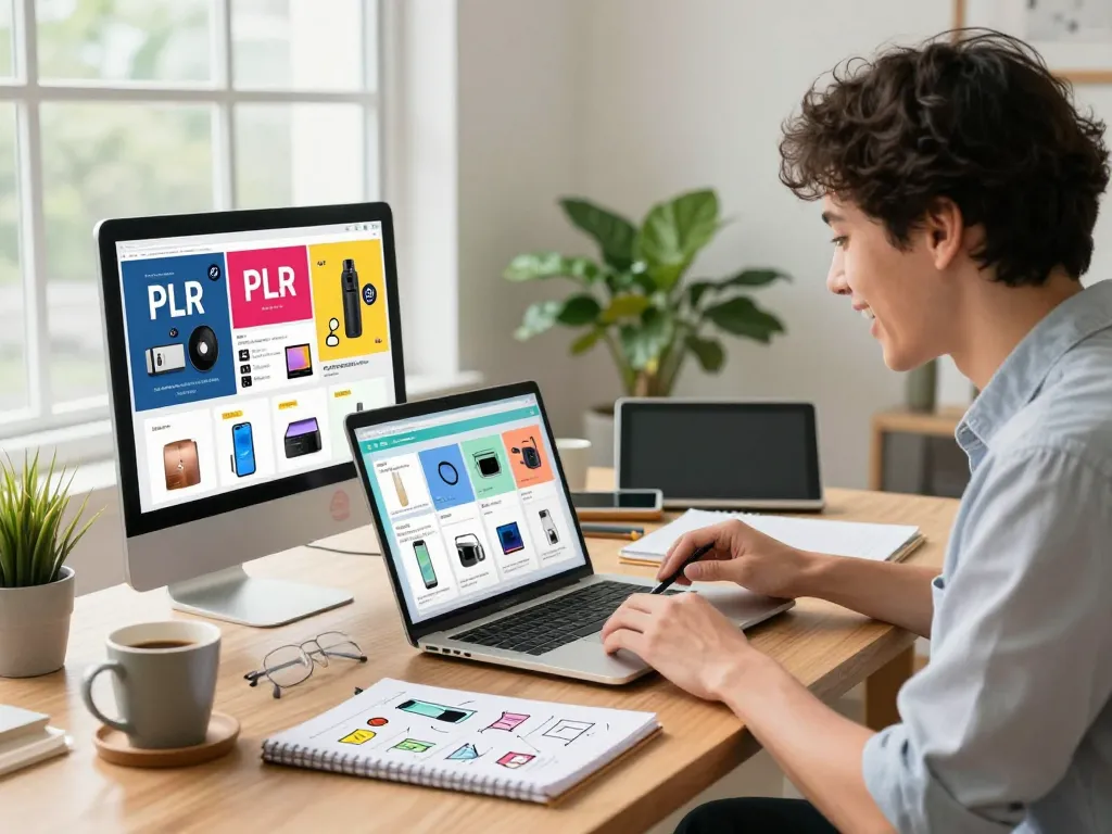 Buy Private Label Rights Products showcased in a vibrant e-commerce setting with a professional reviewing digital items.
