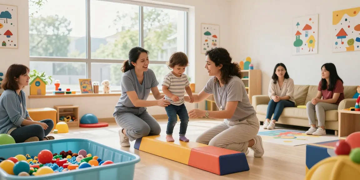 Occupational therapy session for children focusing on motor skills development in a colorful and engaging environment