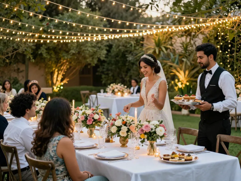 Stunning outdoor wedding reception setup for Event rental ksa with elegant tables and floral arrangements.