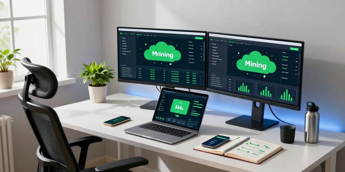 Green energy cloud mining displayed on dual monitors in a modern crypto workspace with blockchain software and digital wallet.