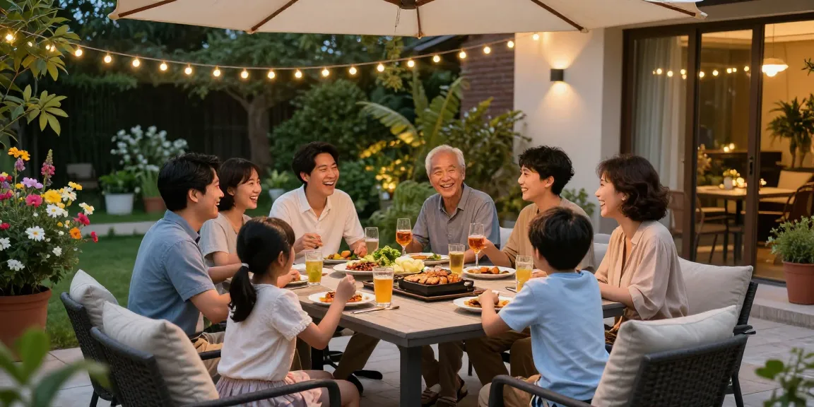 Patio furniture sale showcased in a vibrant outdoor dining setting with family enjoying a meal.
