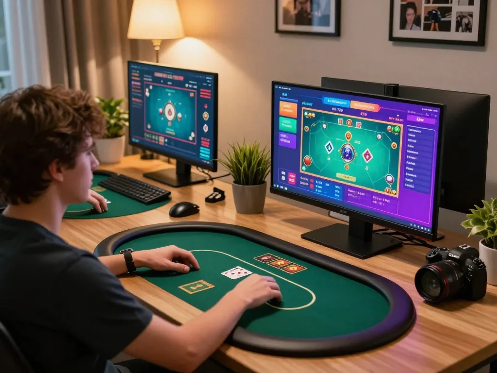 The hidden wiki user enjoying online poker at home, showcasing strategic gameplay and cozy ambiance.